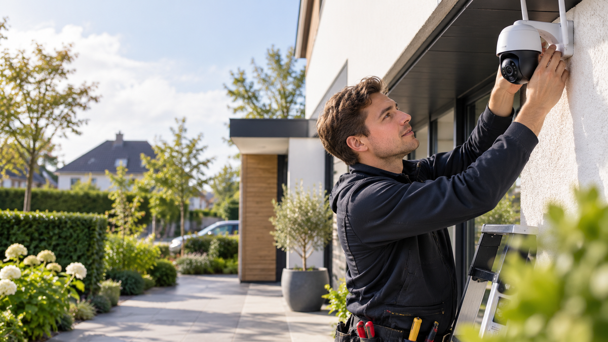 Monteur installeert een beveiligingscamera aan een Nederlandse woning