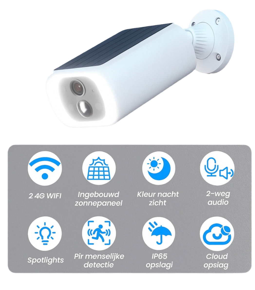 Draadloze 2K Beveiligingscamera met Zonnepaneel en Nachtzicht 100% draadloos, slim en krachtig.