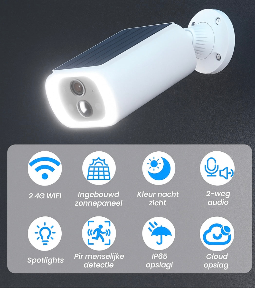 Draadloze 2K Beveiligingscamera met Zonnepaneel en Nachtzicht 100% draadloos, slim en krachtig.
