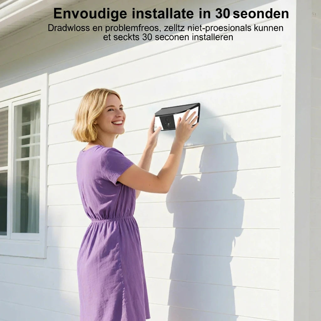 Vrouw installeert draadloze beveiligingscamera zonne-energie 3MP op muur in 30 seconden.