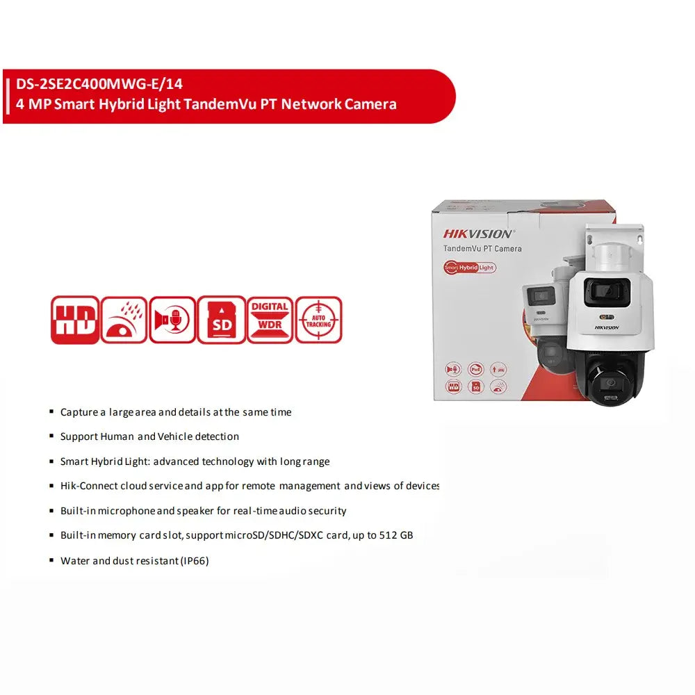 Hikvision DS-E/14 PTZ camera met 4MP+4MP, TandemVu technologie en ondersteuning voor menselijke detectie.