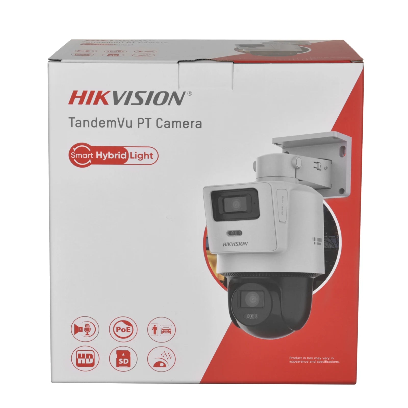 Hikvision DS-E/14 PTZ camera verpakking met TandemVu technologie en accessoires zoals PoE en hybride verlichting.